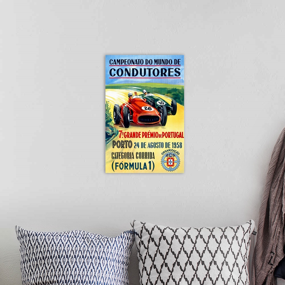 A bohemian room featuring Vintage Formula 1 promotional poster of two racecars rounding the curve on a dusty track.