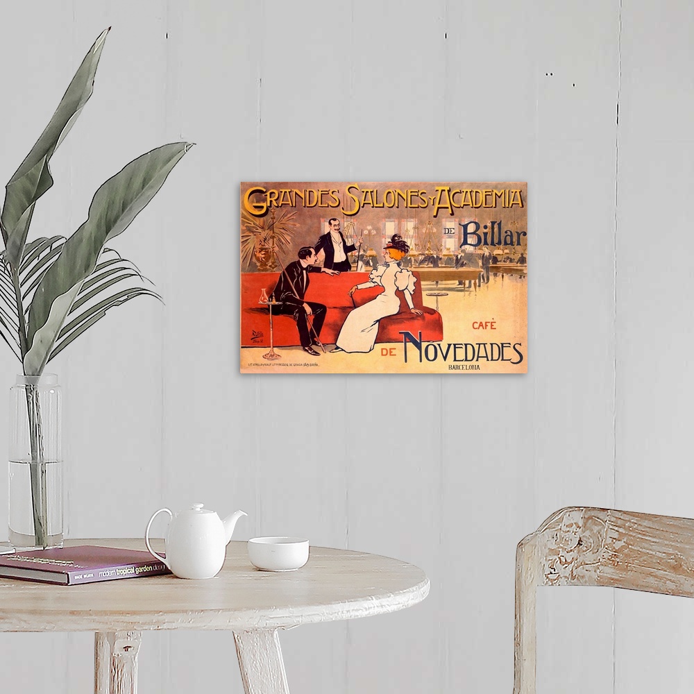 A farmhouse room featuring A horizontal, vintage advertising poster of a lounge and billiards club; in the foreground with t...