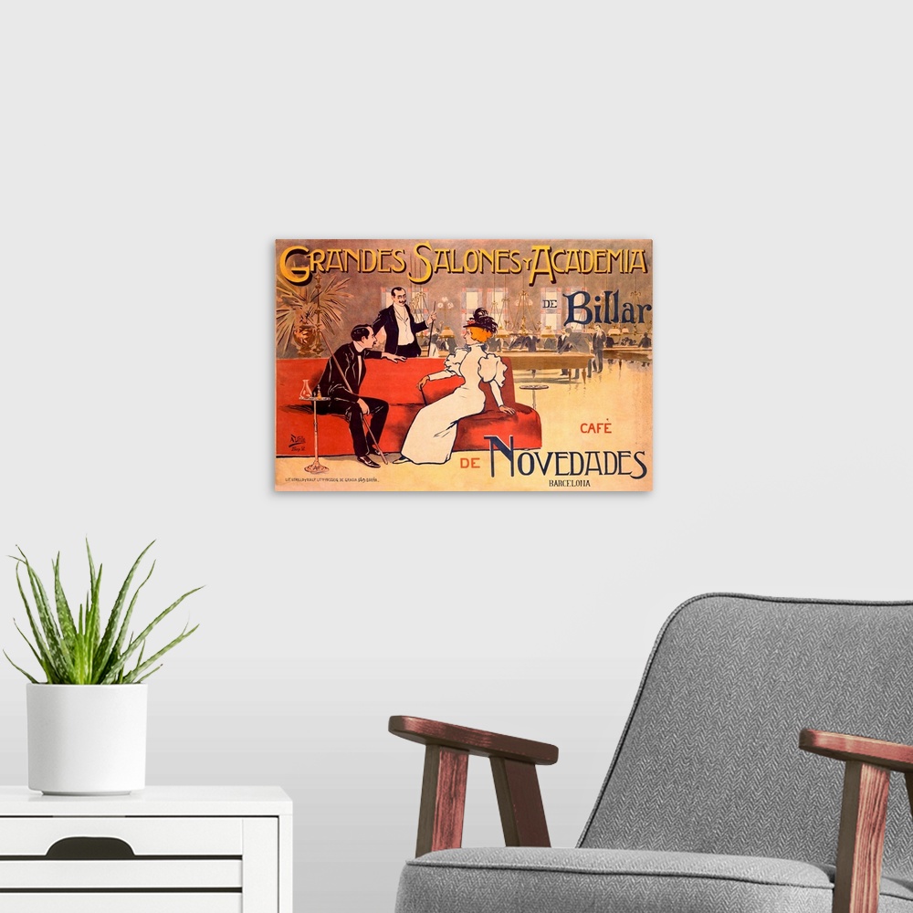 A modern room featuring A horizontal, vintage advertising poster of a lounge and billiards club; in the foreground with t...
