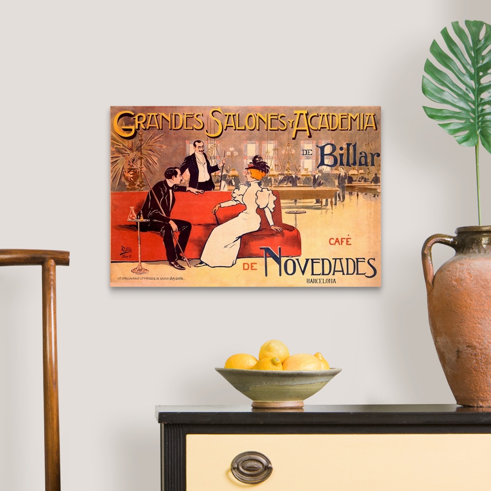 A traditional room featuring A horizontal, vintage advertising poster of a lounge and billiards club; in the foreground with t...
