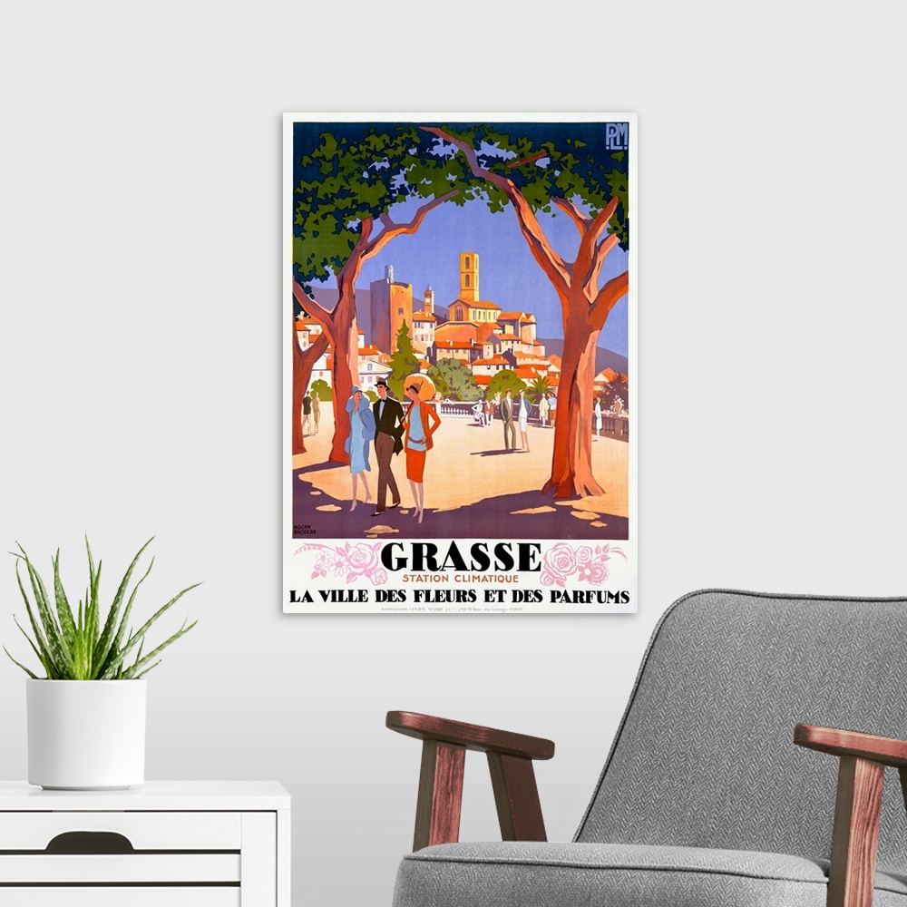 A modern room featuring Old print advertising vacation travel.  A colorful image of a city is seen from between two huge ...