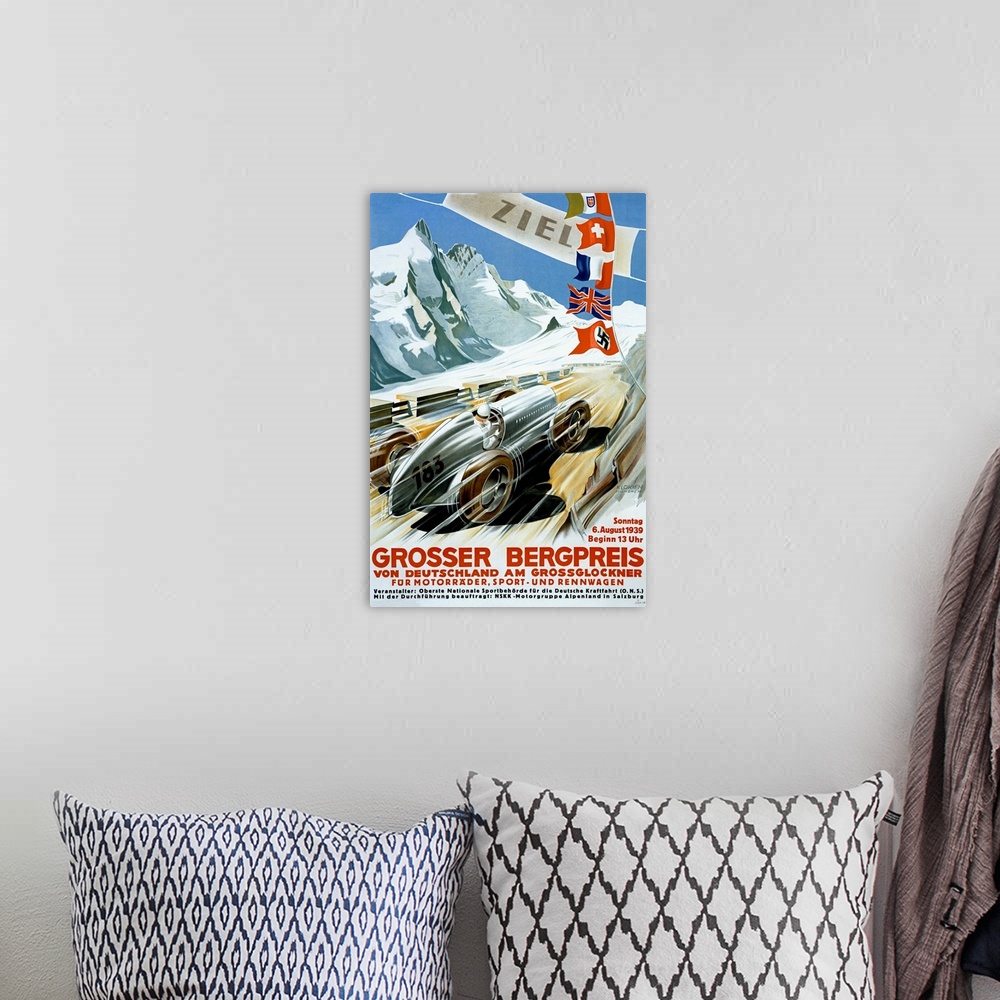 A bohemian room featuring Vertical vintage advertisement on a large canvas for the 1939 Grand Prix in Germany.  A racing ca...