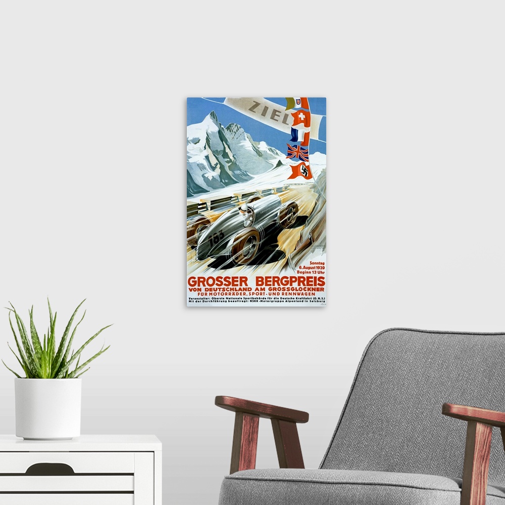 A modern room featuring Vertical vintage advertisement on a large canvas for the 1939 Grand Prix in Germany.  A racing ca...