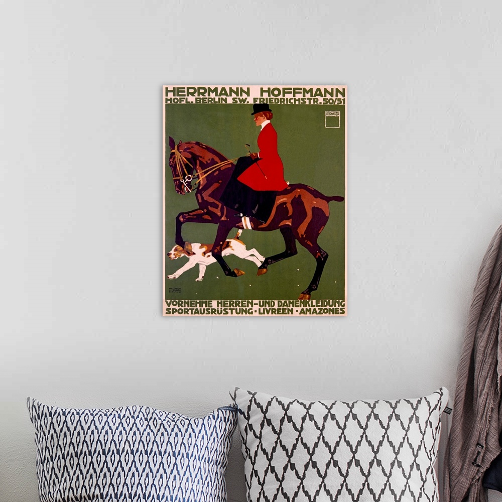 A bohemian room featuring Giant advertising art displays the profile of a woman with a top hat riding a horse with a dog es...