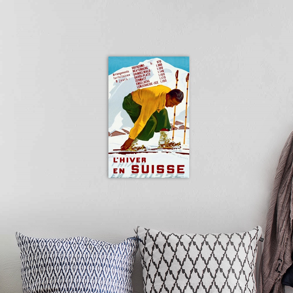 A bohemian room featuring Hiver En Suisse, Vintage Poster, by Erich Hermes