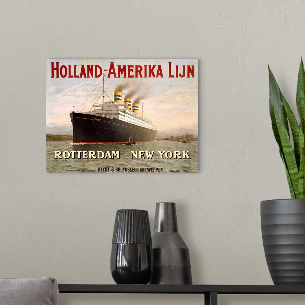 A modern room featuring Advertisement for travel by ship from Netherlands to the United States. The ocean liner has three...