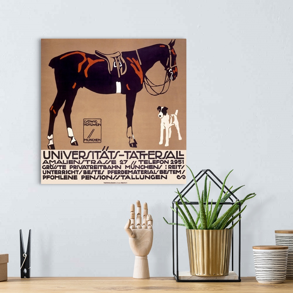 A bohemian room featuring Vintage advertising poster illustrating a terrier and a horse with an English saddle and braided ...