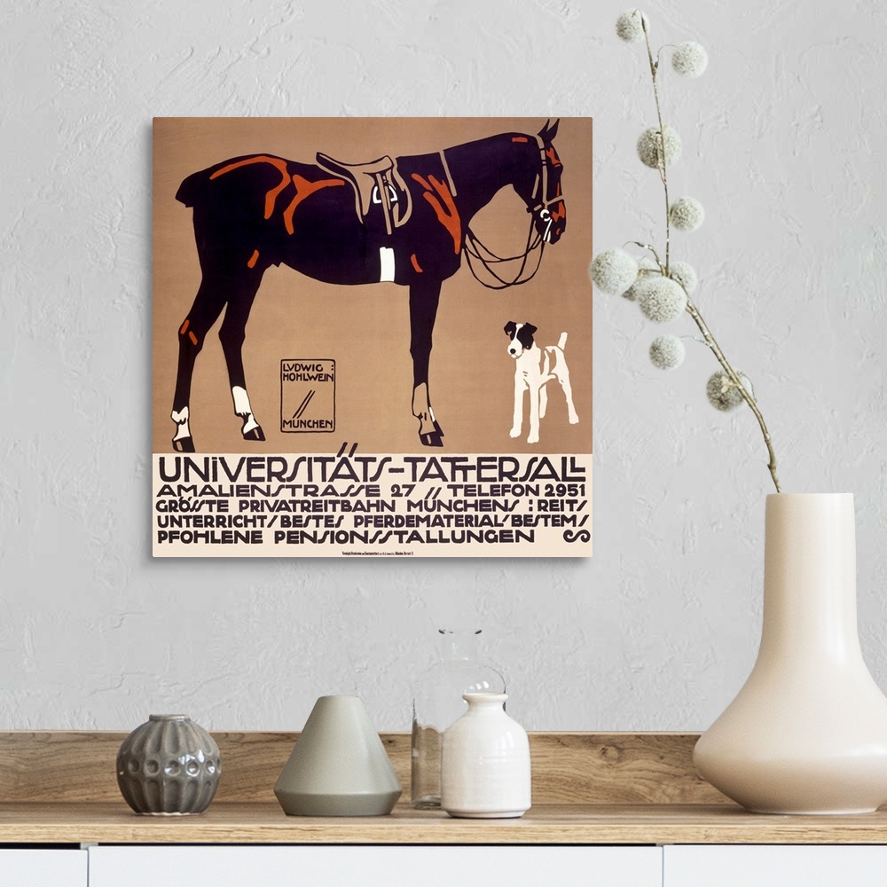 A farmhouse room featuring Vintage advertising poster illustrating a terrier and a horse with an English saddle and braided ...
