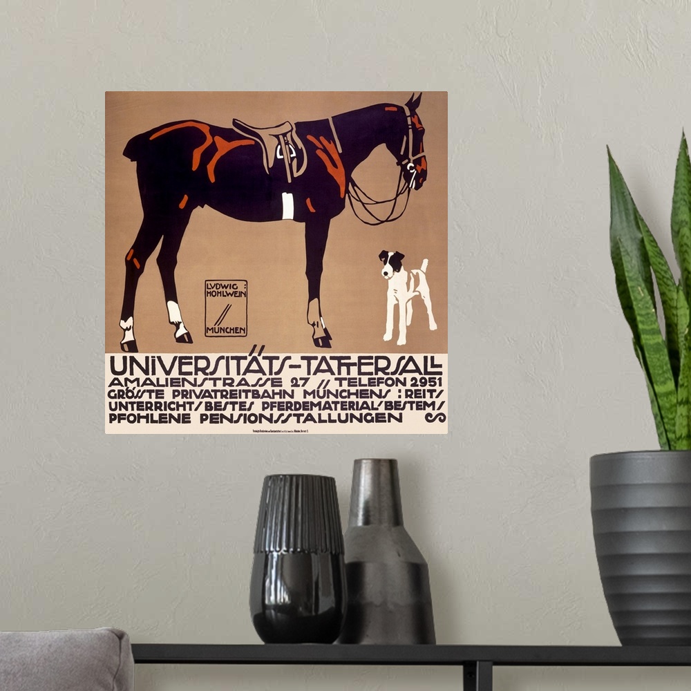 A modern room featuring Vintage advertising poster illustrating a terrier and a horse with an English saddle and braided ...