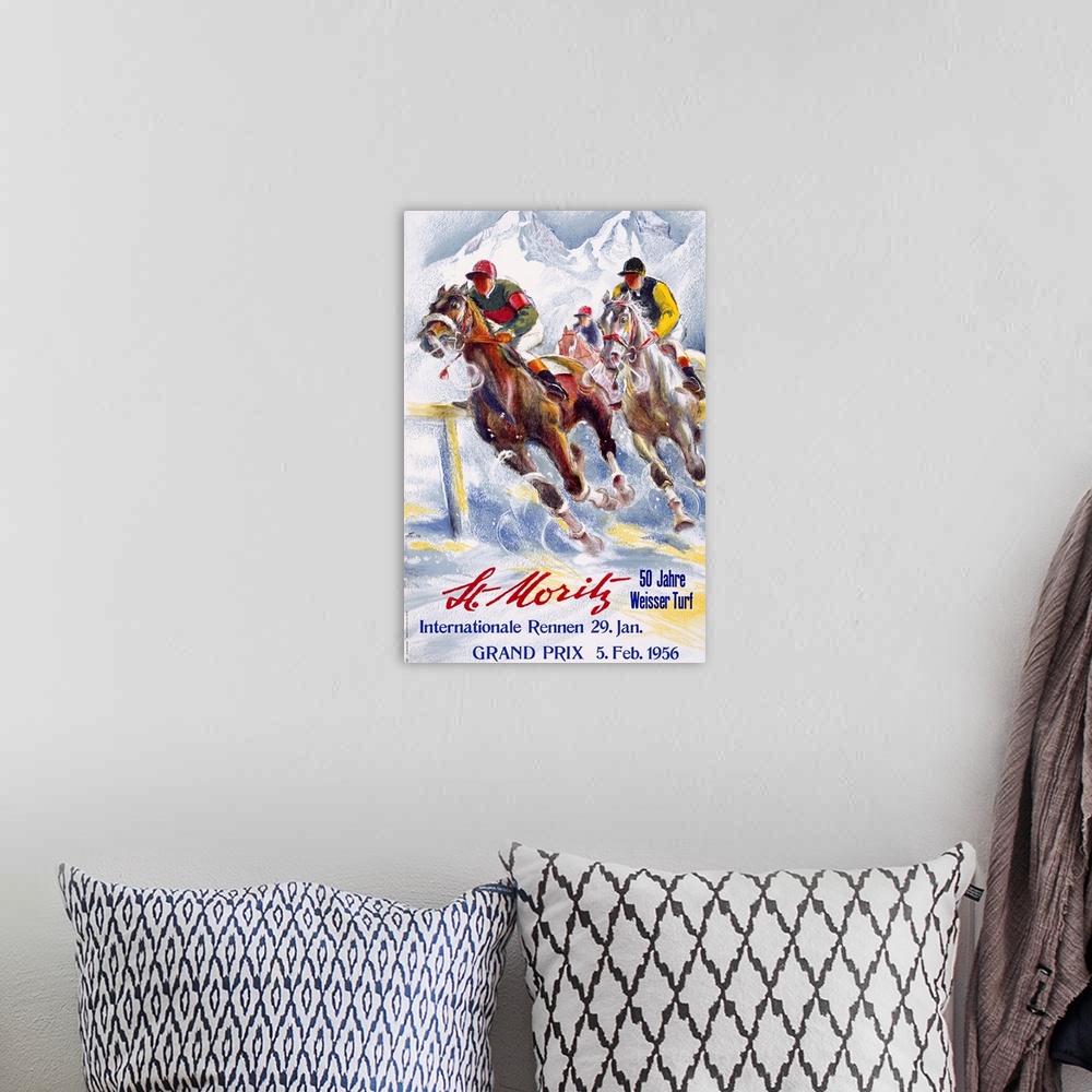 A bohemian room featuring Horse Race, St. Moritz, Vintage Poster, by Hugo Laubi
