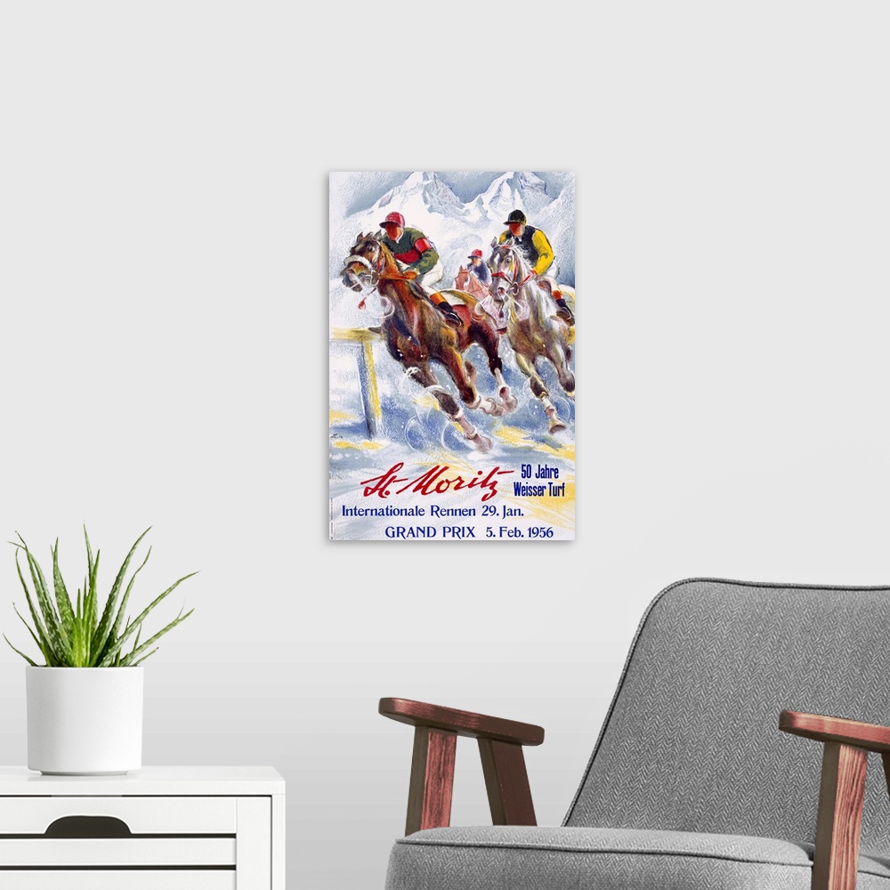 A modern room featuring Horse Race, St. Moritz, Vintage Poster, by Hugo Laubi