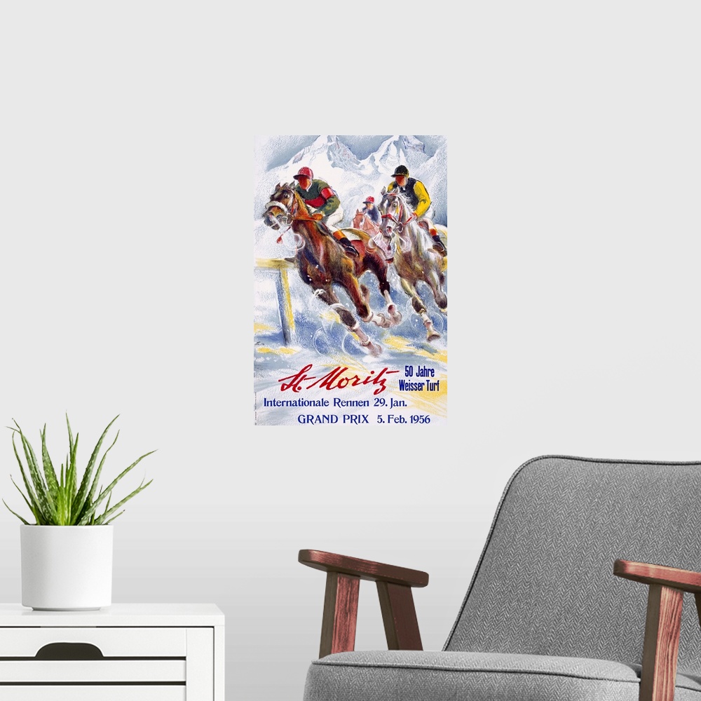 A modern room featuring Horse Race, St. Moritz, Vintage Poster, by Hugo Laubi