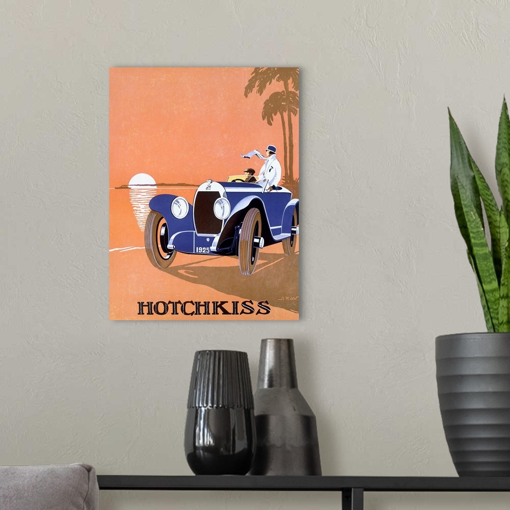 A modern room featuring Vintage Auto Racing Poster