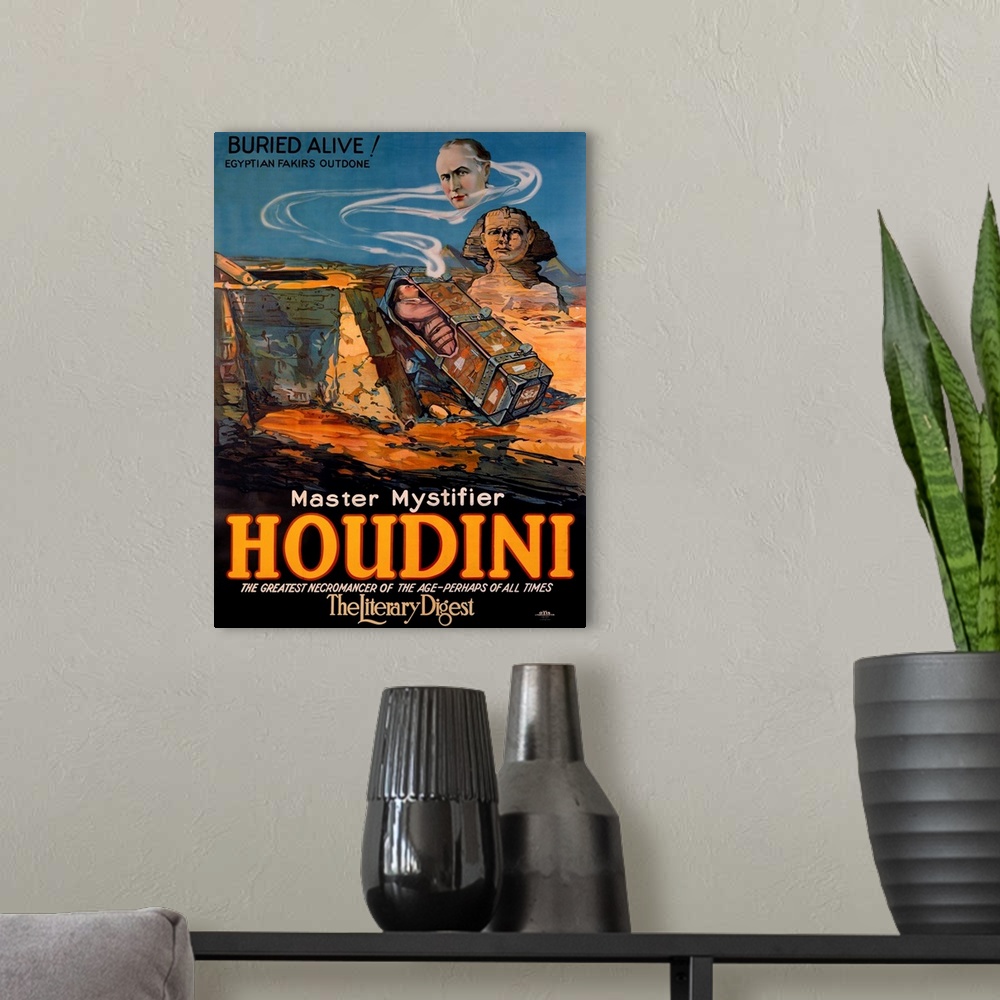 A modern room featuring Houdini, Buried Alive, the Literary Digest, Vintage Poster