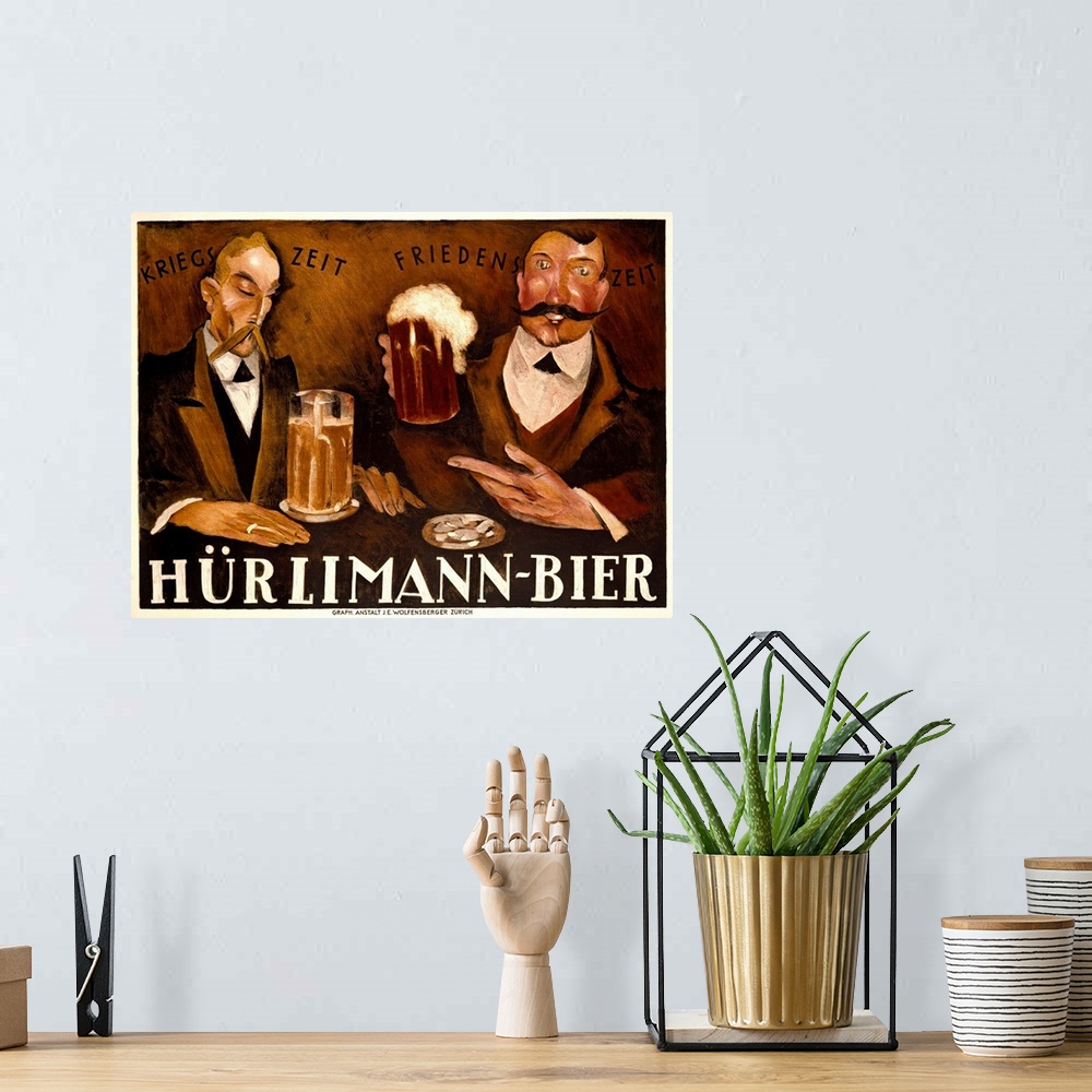 A bohemian room featuring Large vintage art advertisement shows two nicely dressed men enjoying a couple of cold beers at a...