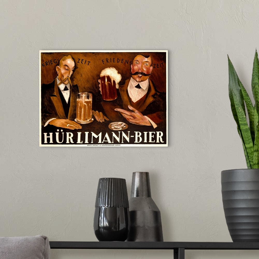 A modern room featuring Large vintage art advertisement shows two nicely dressed men enjoying a couple of cold beers at a...