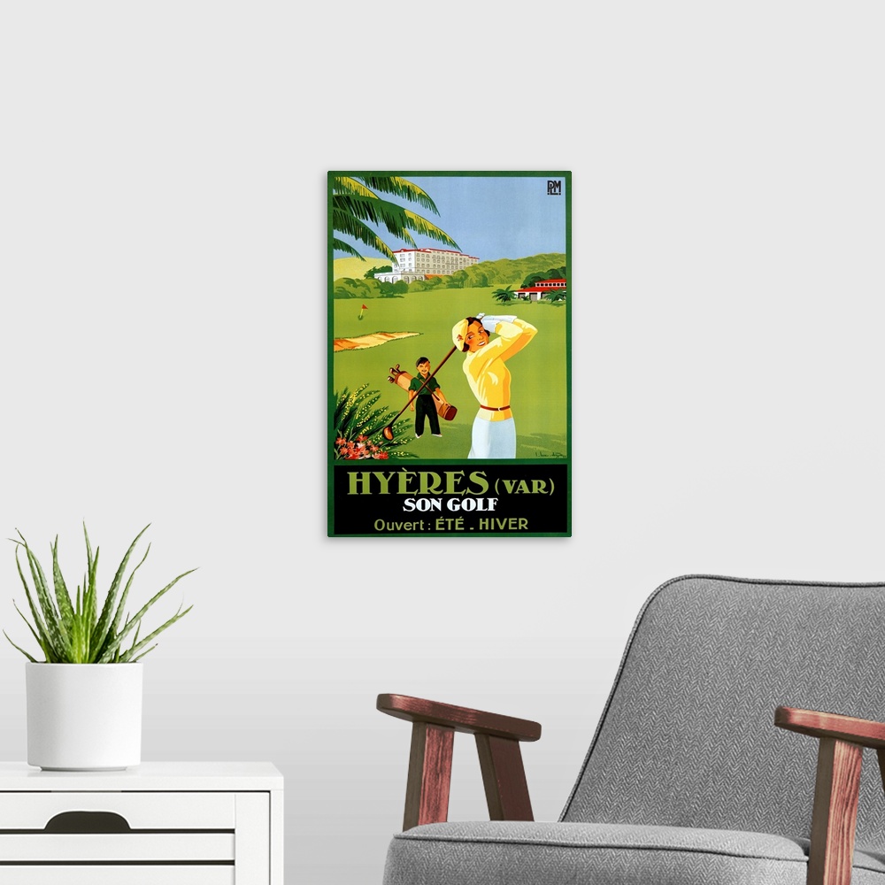 A modern room featuring Vintage vertical advertisement for Hyeres Son Golf of a woman swinging a golf club, her caddy a y...