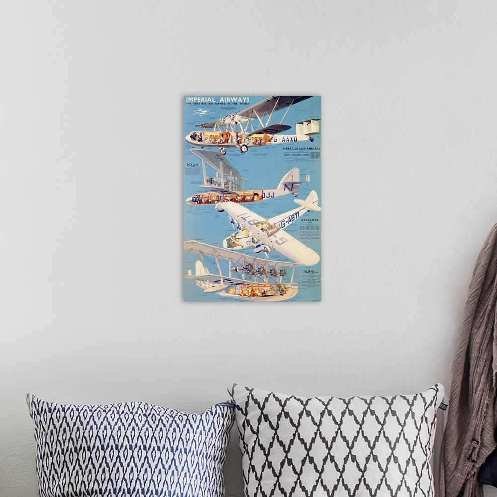 A bohemian room featuring Imperial Airways, Plane Diagram, Vintage Poster