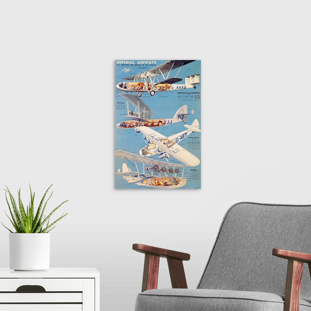 A modern room featuring Imperial Airways, Plane Diagram, Vintage Poster