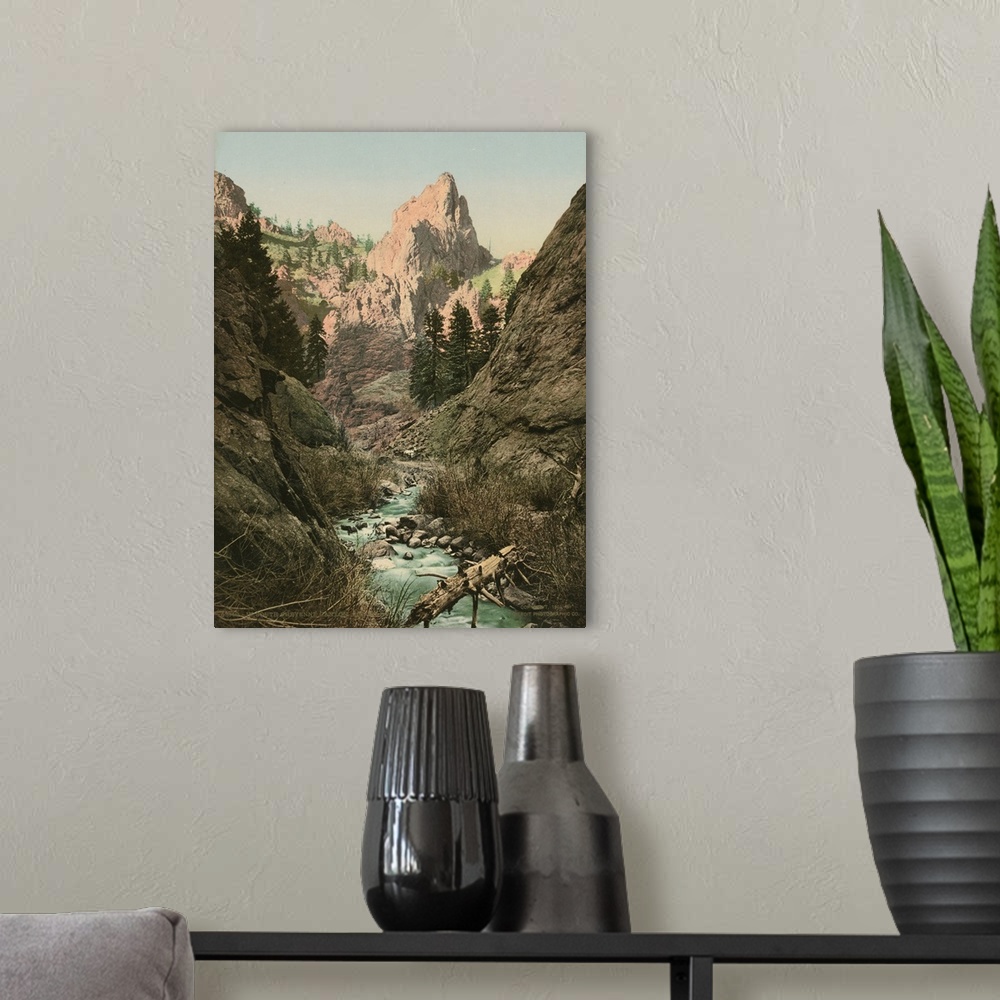 A modern room featuring Hand colored photograph of in south Cheyenne canyon, Colorado.