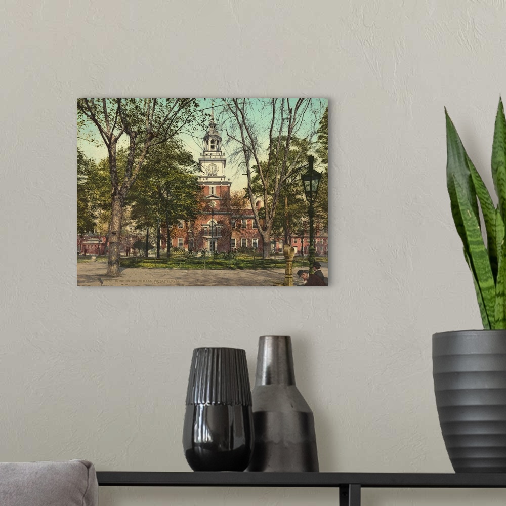 A modern room featuring Hand colored photograph of independence hall, Philadelphia.
