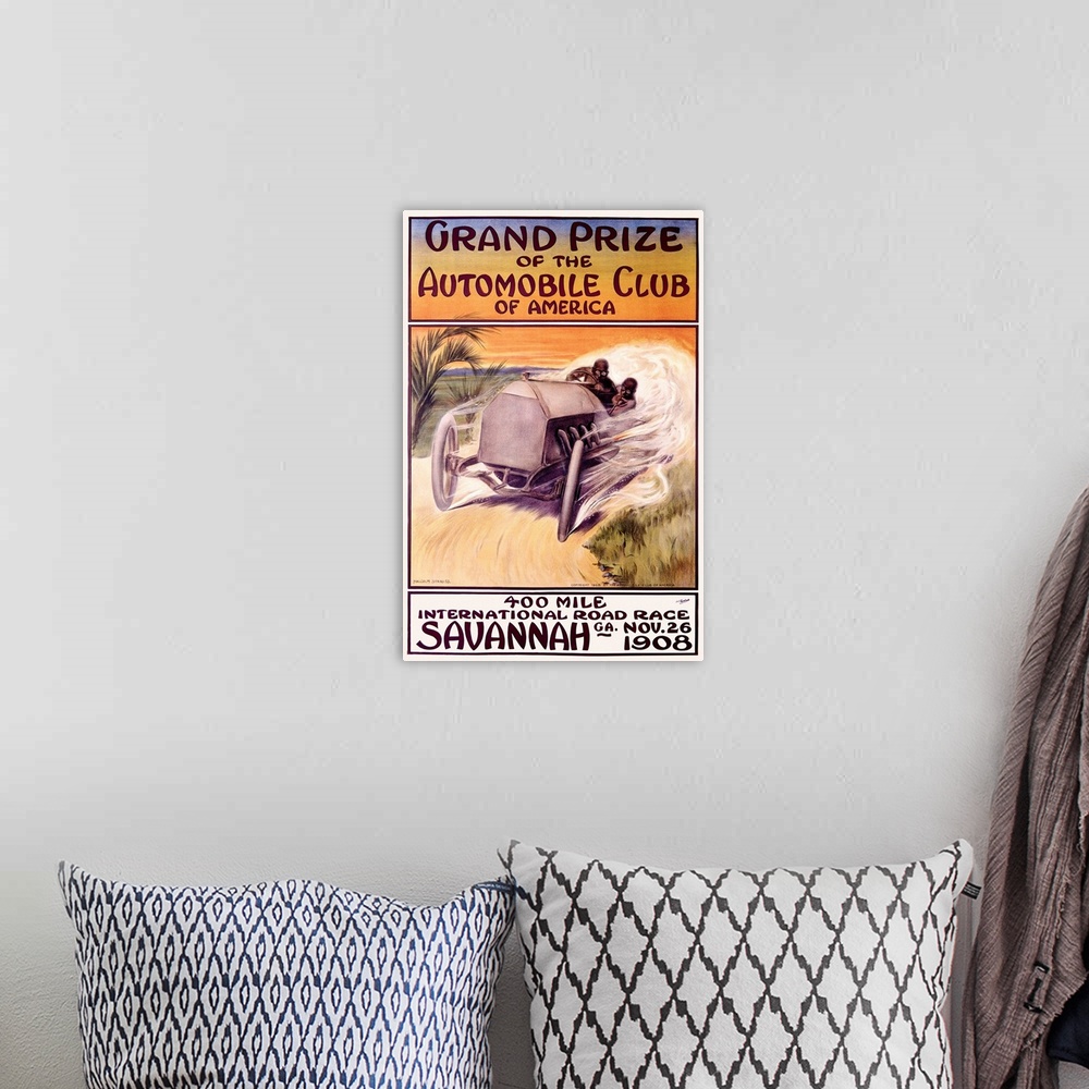 A bohemian room featuring International Road Race Savannah, Vintage Poster