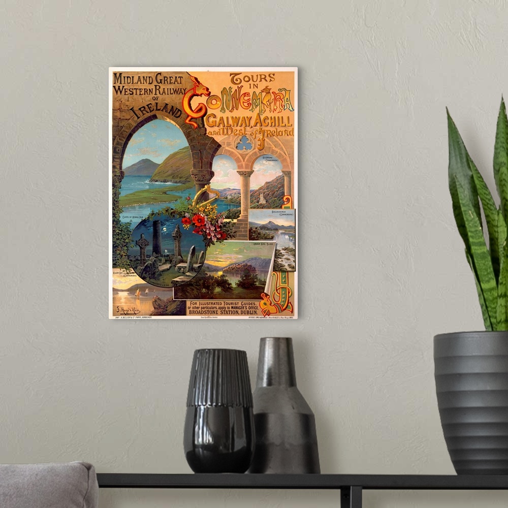 A modern room featuring Tall antiqued poster of a collage of different Irish landscapes.