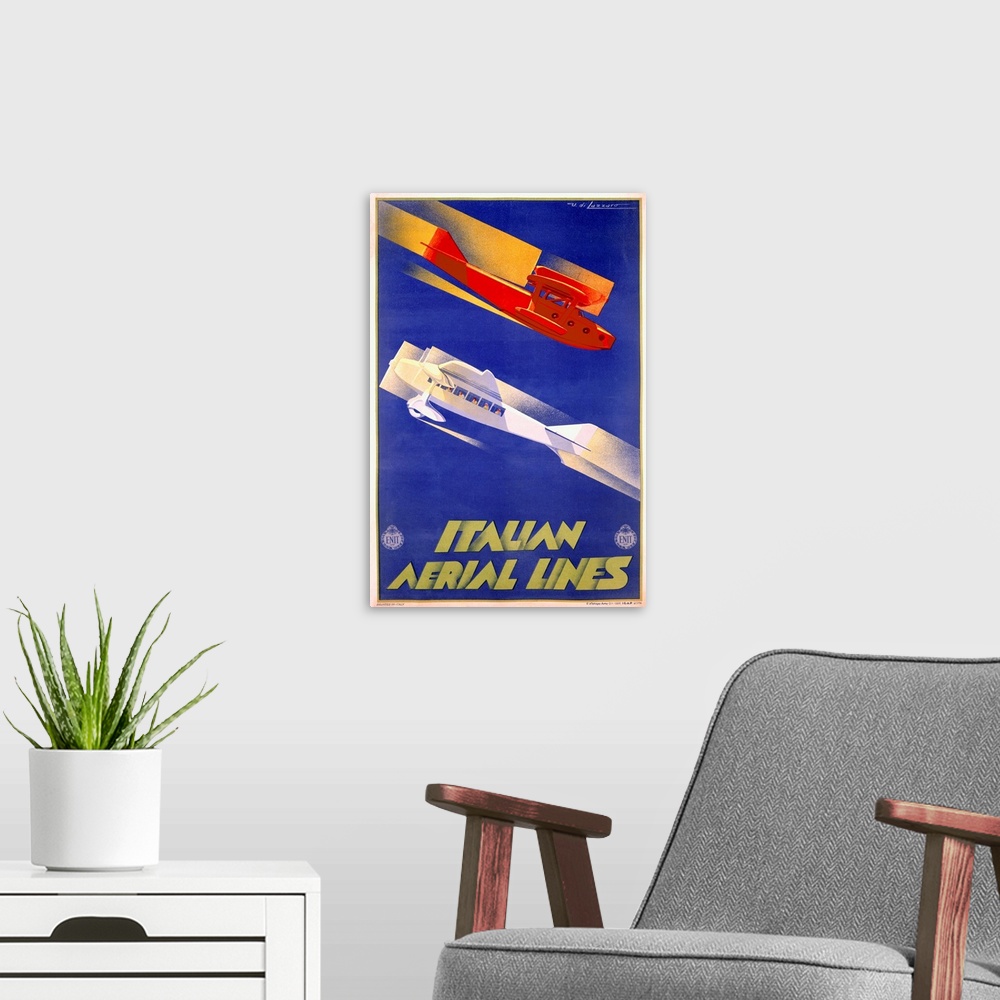 A modern room featuring Italian Aerial Lines, Vintage Poster, by Umberto di Lazzaro