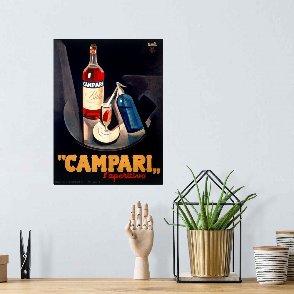 A bohemian room featuring Vintage advertising poster for the Campari beverage, in bold masculine tones. Perfect for a dinin...
