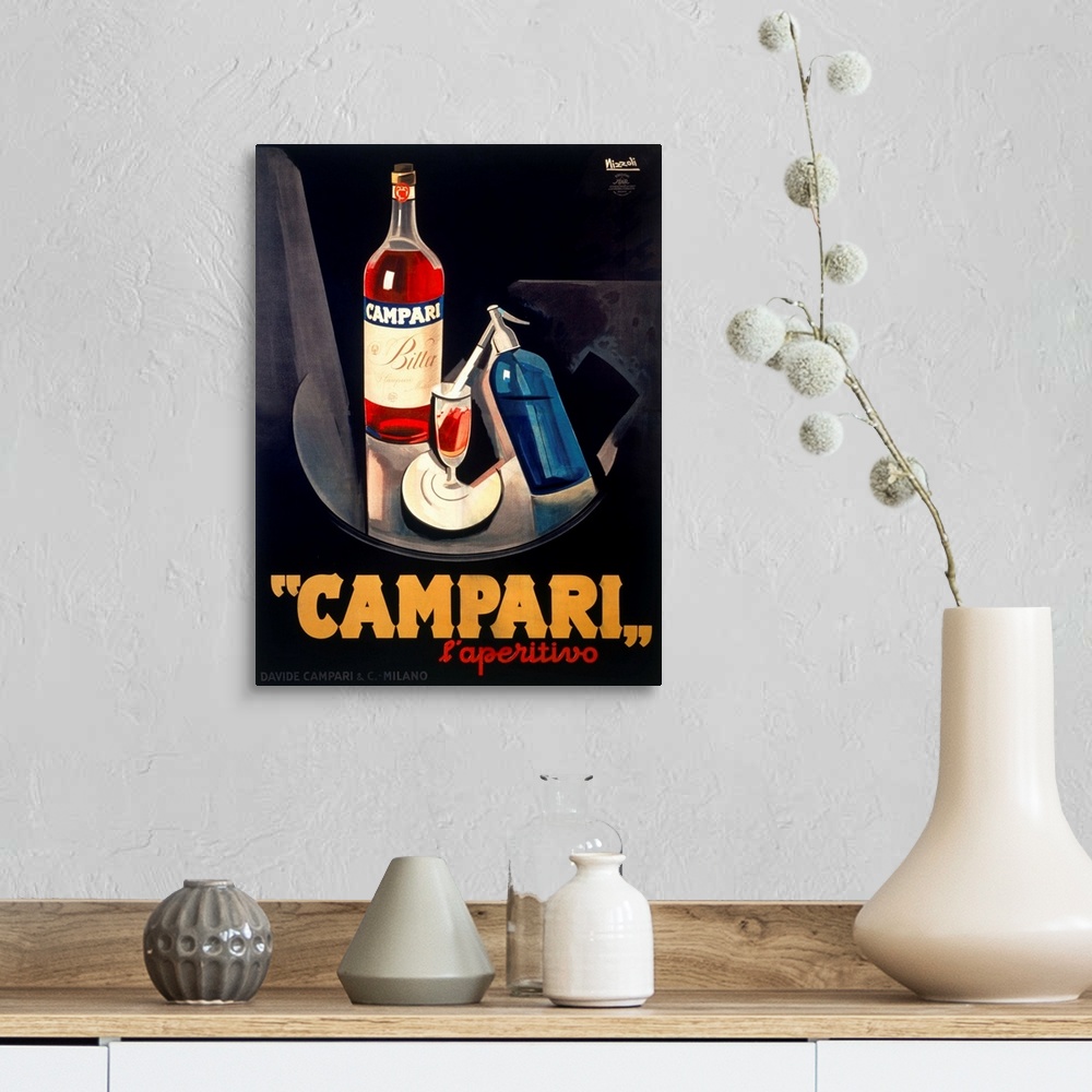 A farmhouse room featuring Vintage advertising poster for the Campari beverage, in bold masculine tones. Perfect for a dinin...