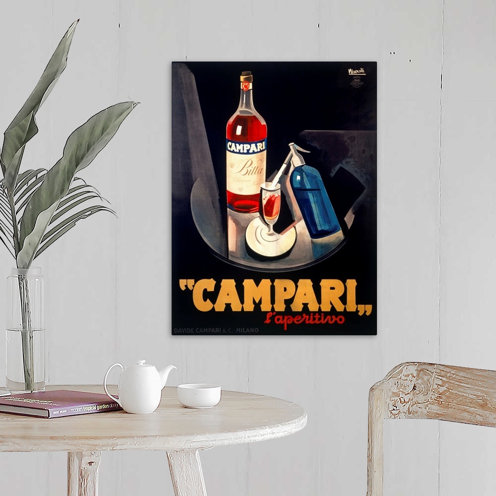 A farmhouse room featuring Vintage advertising poster for the Campari beverage, in bold masculine tones. Perfect for a dinin...
