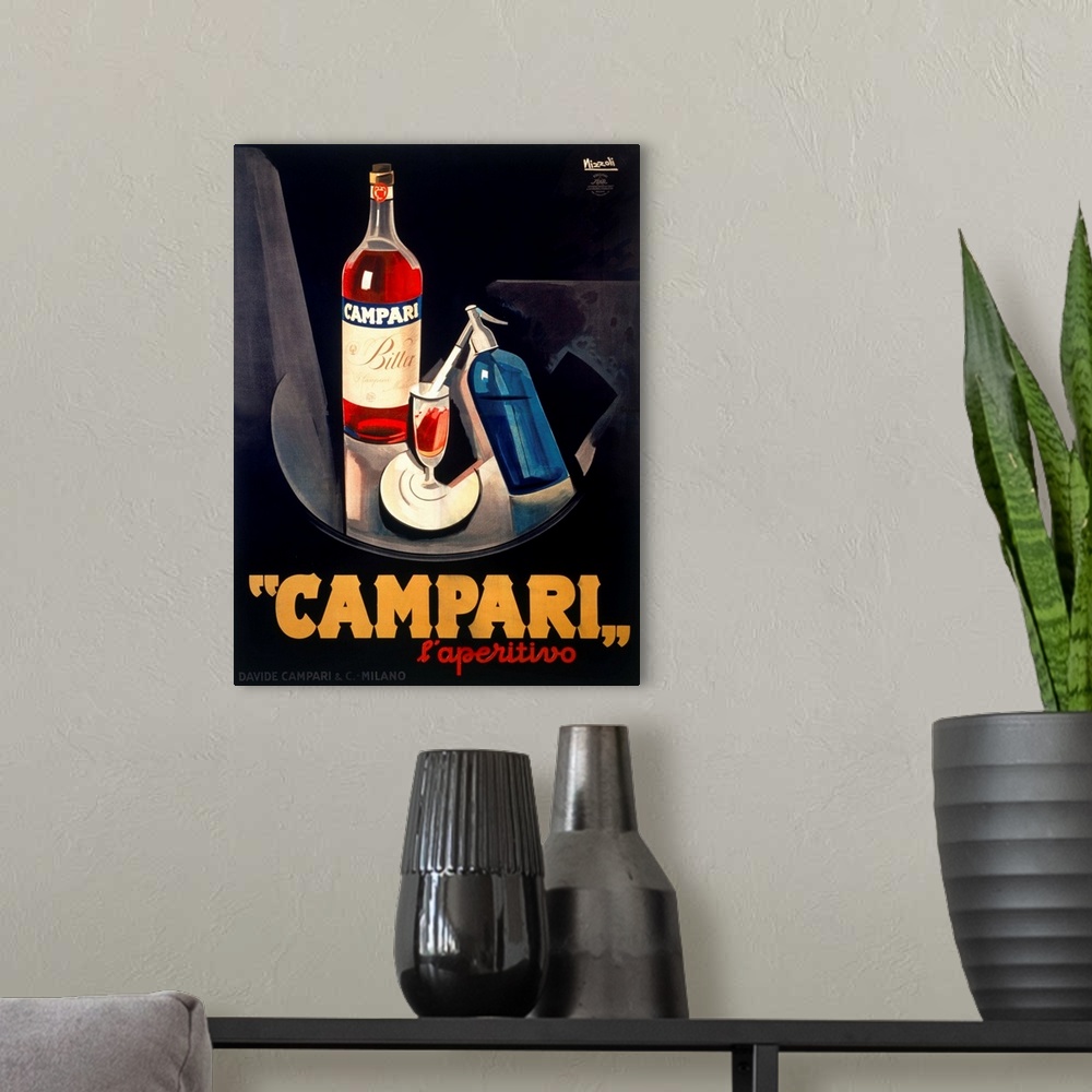 A modern room featuring Vintage advertising poster for the Campari beverage, in bold masculine tones. Perfect for a dinin...