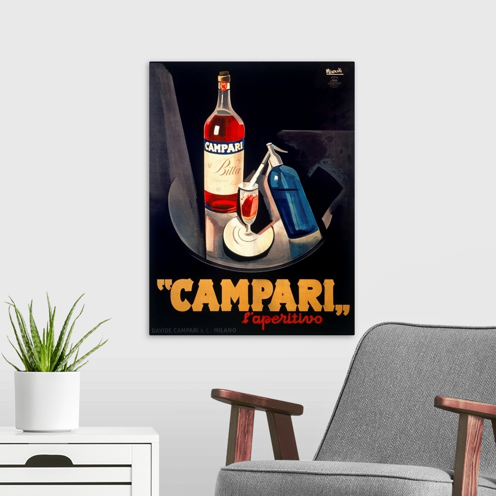 A modern room featuring Vintage advertising poster for the Campari beverage, in bold masculine tones. Perfect for a dinin...