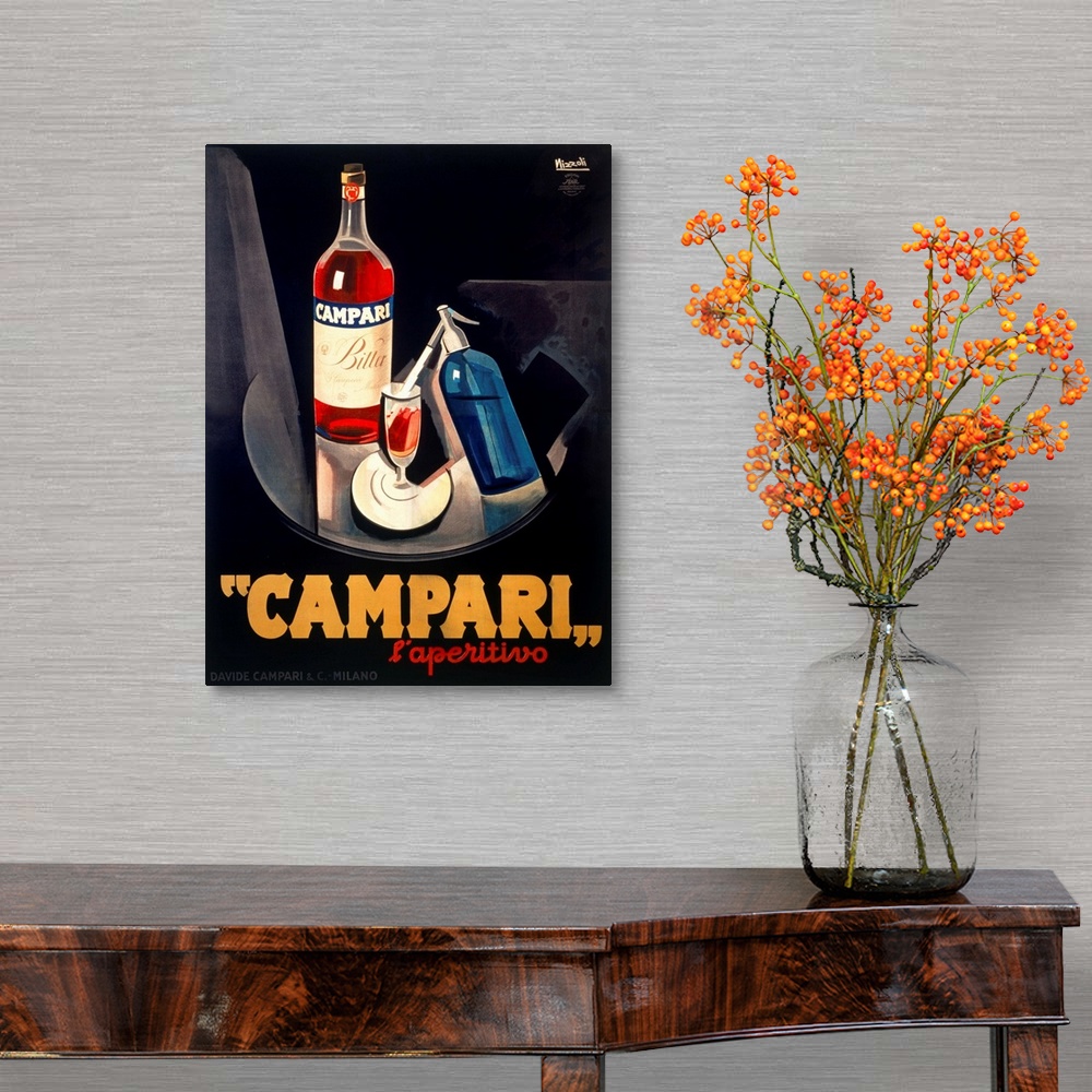 A traditional room featuring Vintage advertising poster for the Campari beverage, in bold masculine tones. Perfect for a dinin...