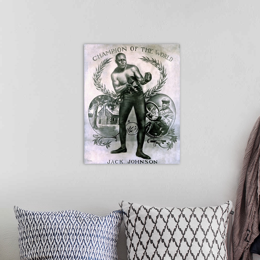 A bohemian room featuring Jack Johnson, Heavyweight Champion of the World, Vintage Poster