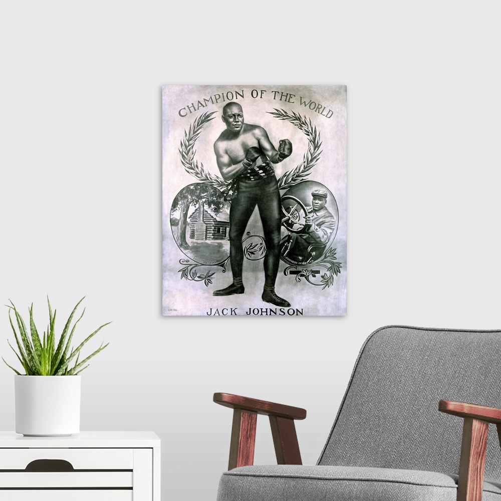 A modern room featuring Jack Johnson, Heavyweight Champion of the World, Vintage Poster