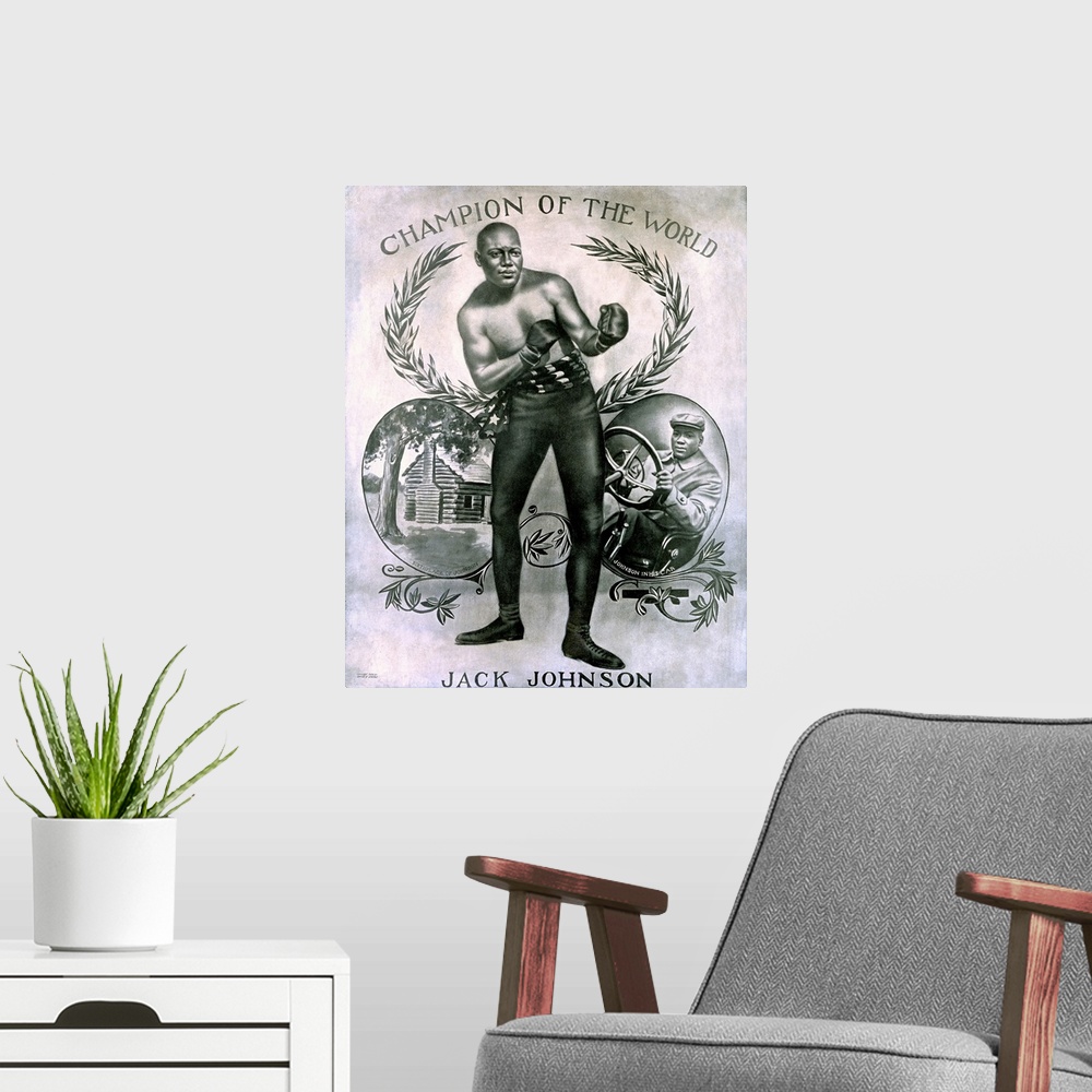 A modern room featuring Jack Johnson, Heavyweight Champion of the World, Vintage Poster