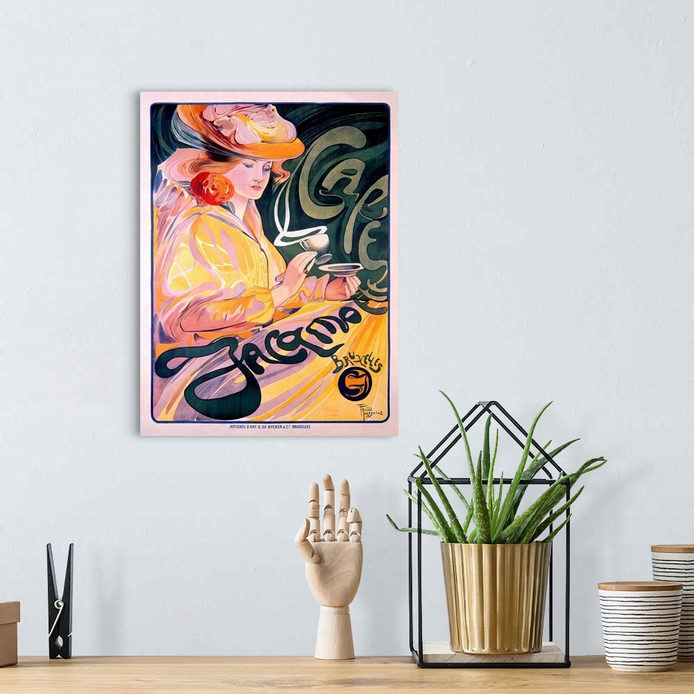A bohemian room featuring This vertical Art Nouveau advertisement with flowing hand drawn type shows a woman in an elaborat...