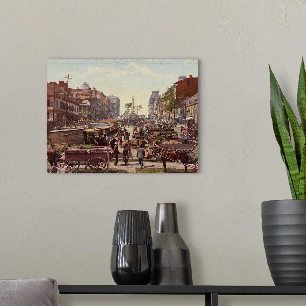 A modern room featuring Hand colored photograph of Jacquas cartier square, Montreal.