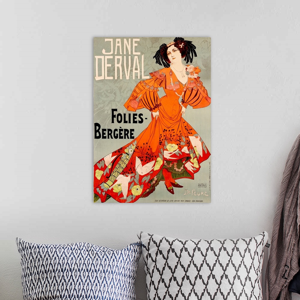 A bohemian room featuring Jane Derval, Folies Bergere, Vintage Poster, by Georges de Feure