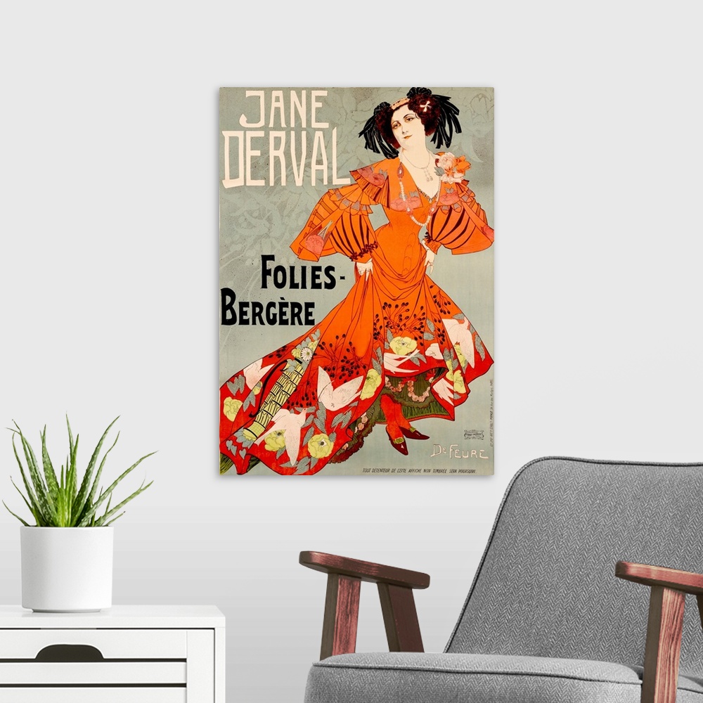 A modern room featuring Jane Derval, Folies Bergere, Vintage Poster, by Georges de Feure
