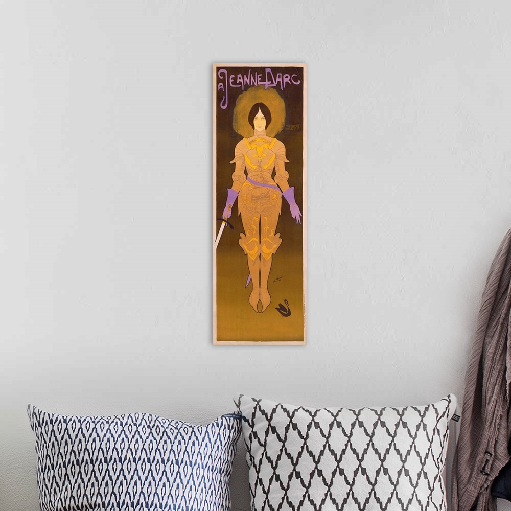 A bohemian room featuring This is a vertical vintage Art Nouveau poster of Joan of Arc in a full suit of armor filled with ...