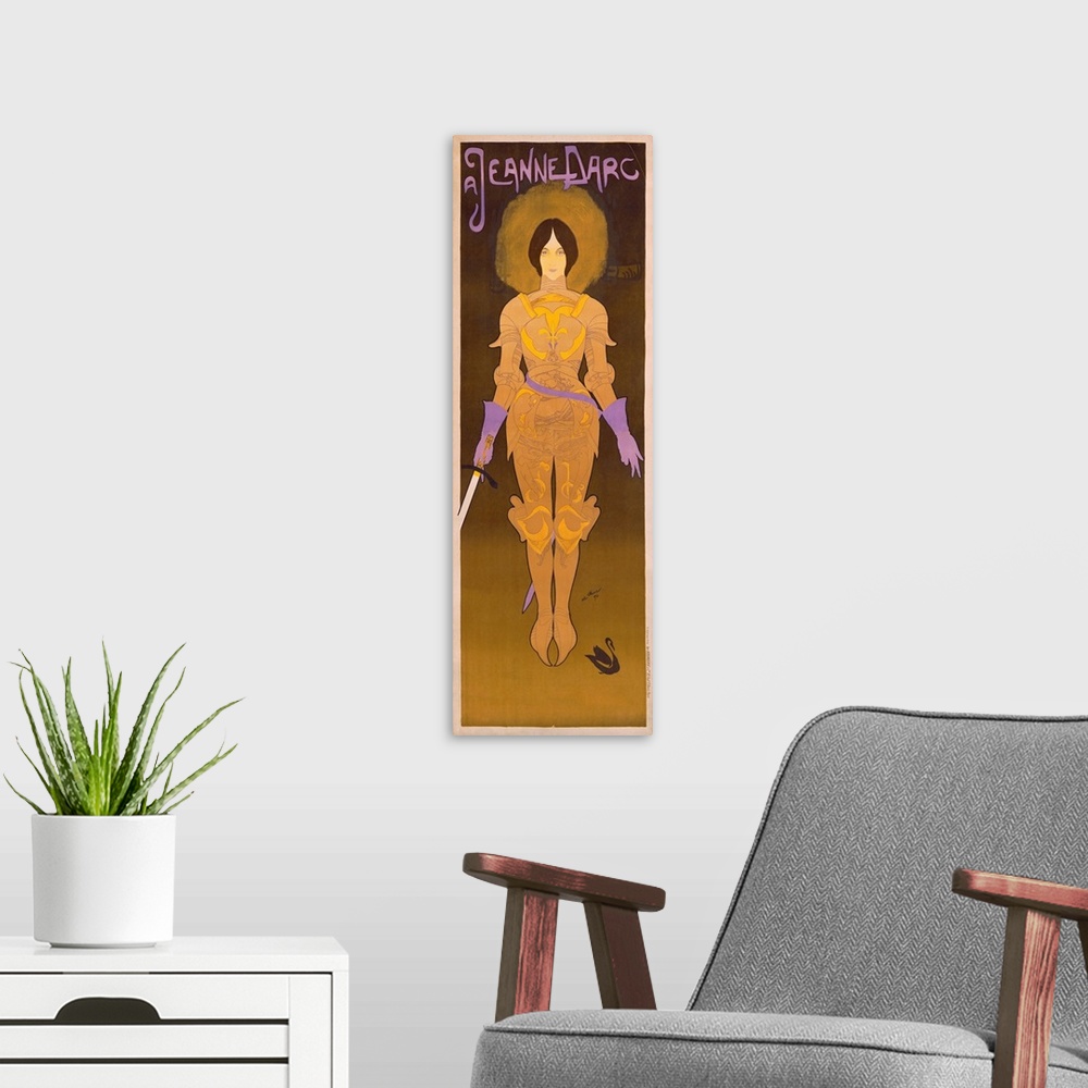 A modern room featuring This is a vertical vintage Art Nouveau poster of Joan of Arc in a full suit of armor filled with ...