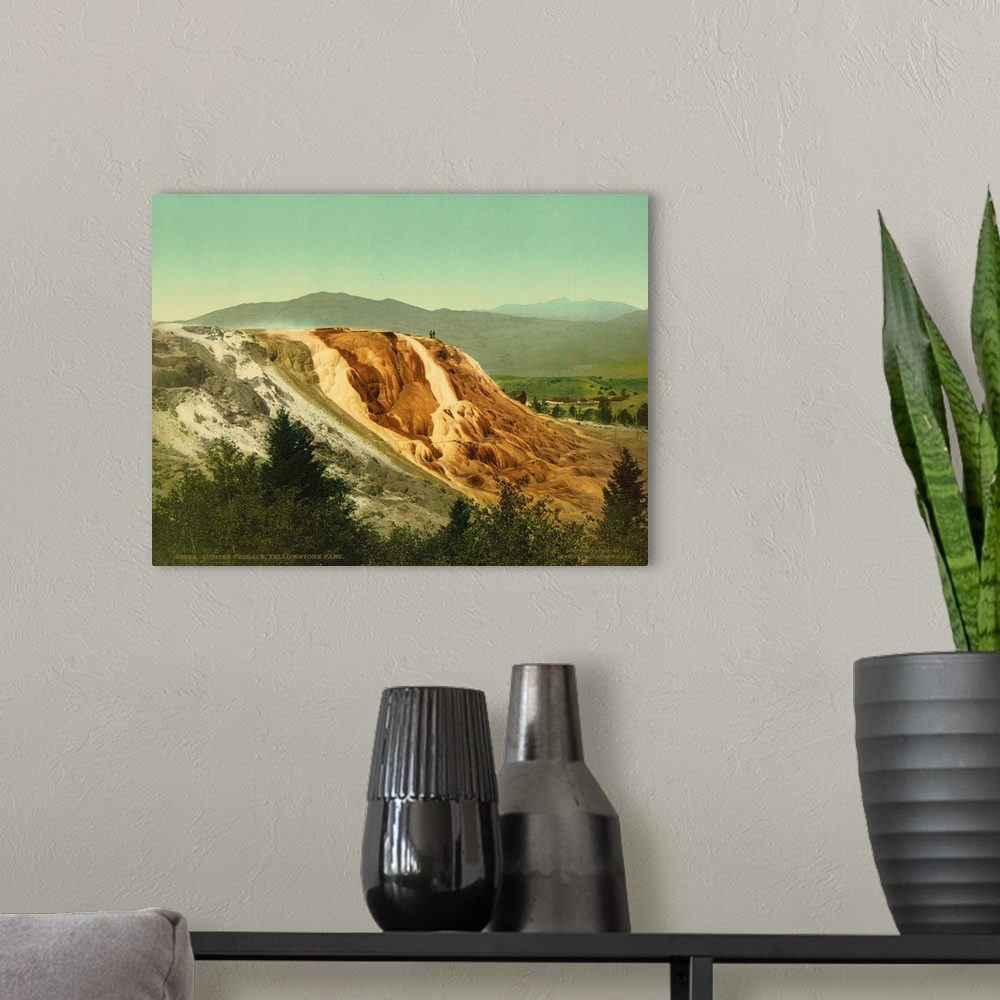 A modern room featuring Hand colored photograph of Jupiter terrace, Yellowstone Park.