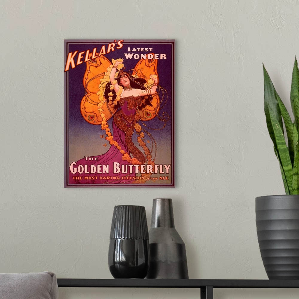 A modern room featuring Kellars Latest Wonder, The Golden Butterfly, Vintage Poster