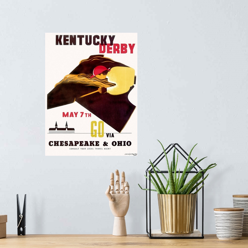 A bohemian room featuring Portrait, large vintage advertisement for the Kentucky Derby.  An illustration of a jockey on a h...