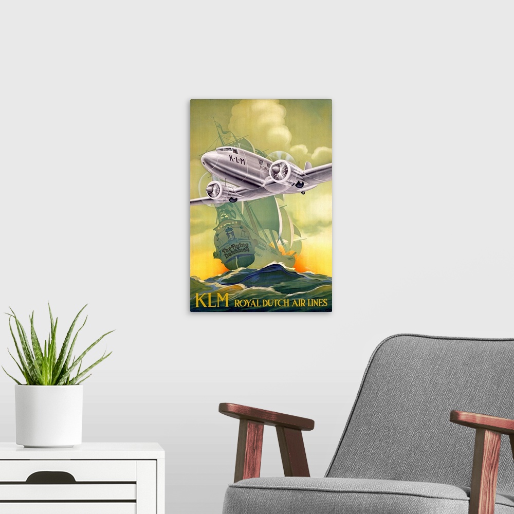 A modern room featuring Large antique art portrays an advertisement for a company offering airplane transportation.  In t...