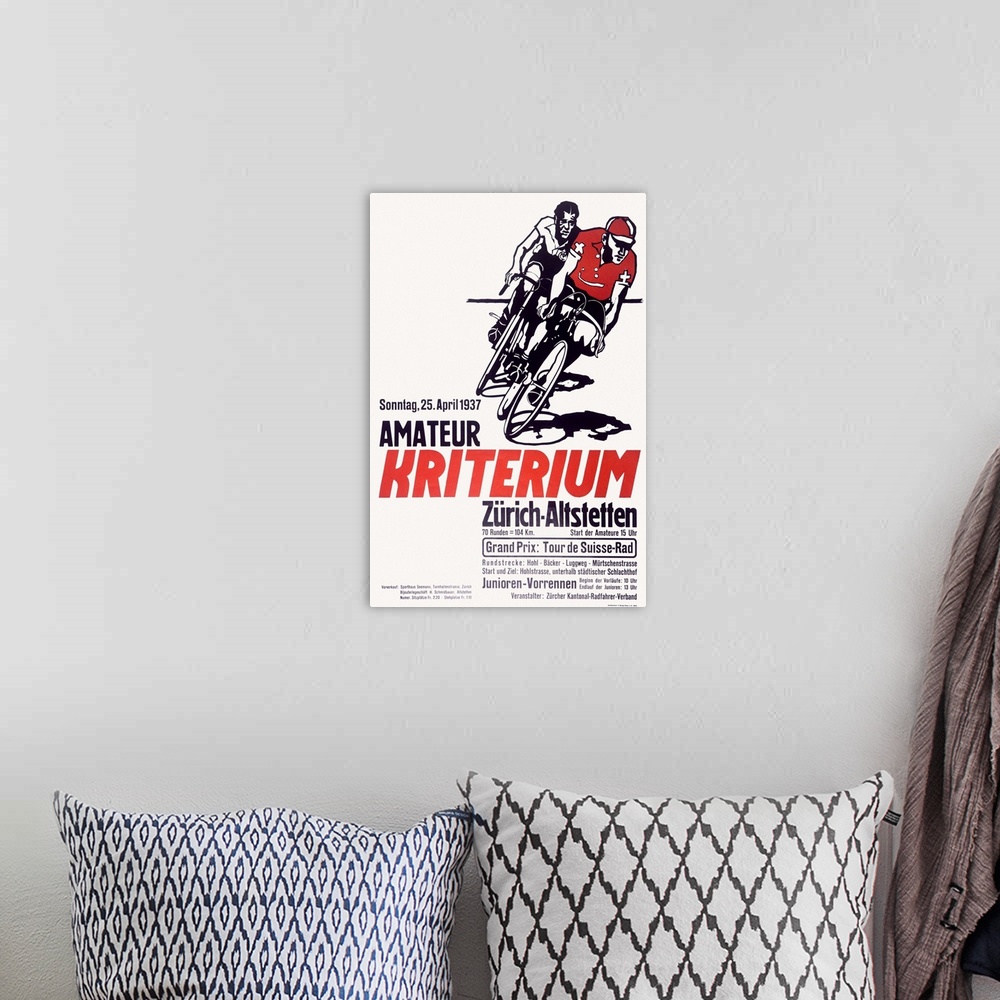 A bohemian room featuring Kriterium Bicycle Race, 1937, Vintage Poster