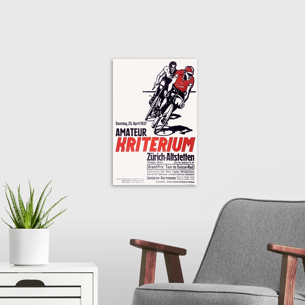 A modern room featuring Kriterium Bicycle Race, 1937, Vintage Poster