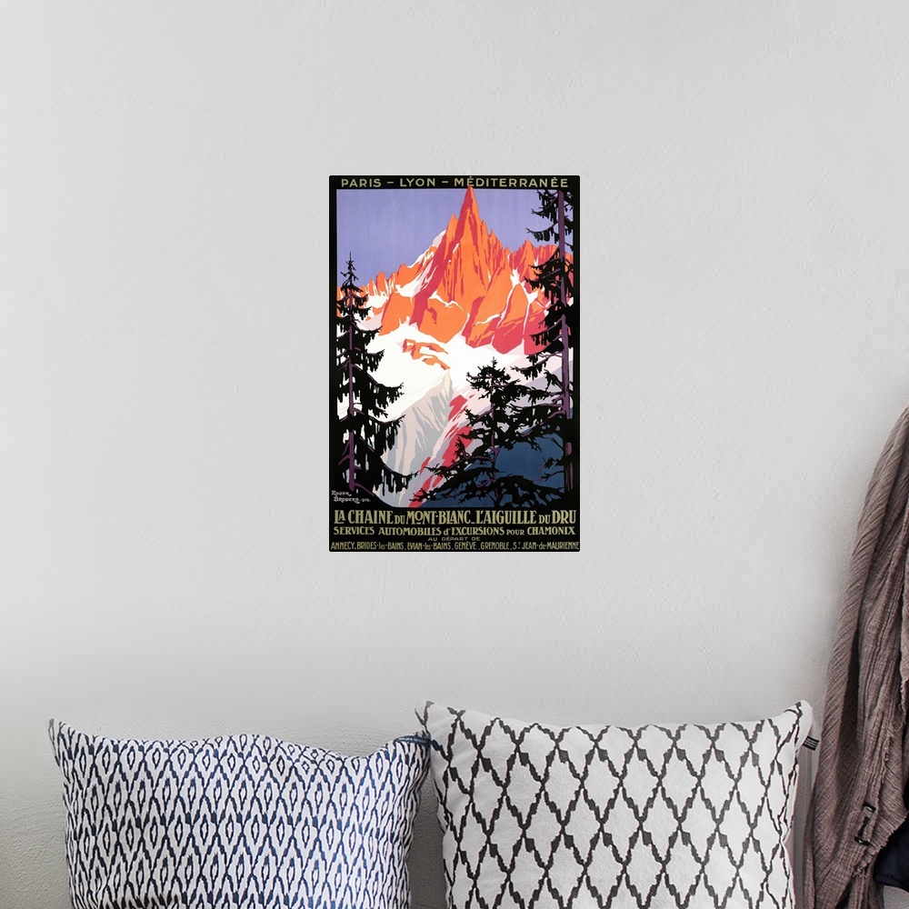 A bohemian room featuring Vintage Art Deco travel poster advertising travel and tourism to Mont Blanc and the French Alps.